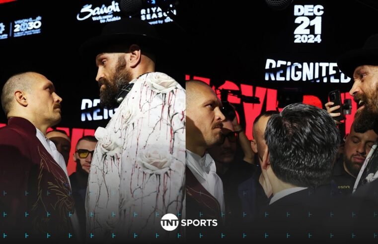 FIERY FACE-OFF! 😳 Usyk and Fury refuse to look away from each other for 10 MINUTES! 😤 #UsykFury2 🇸🇦